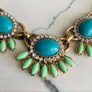 Bella Jack statement necklace gold tone with green and blue